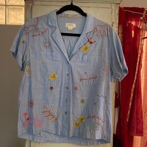 Maeve Light Blue Embroidered Button Down Shirt
